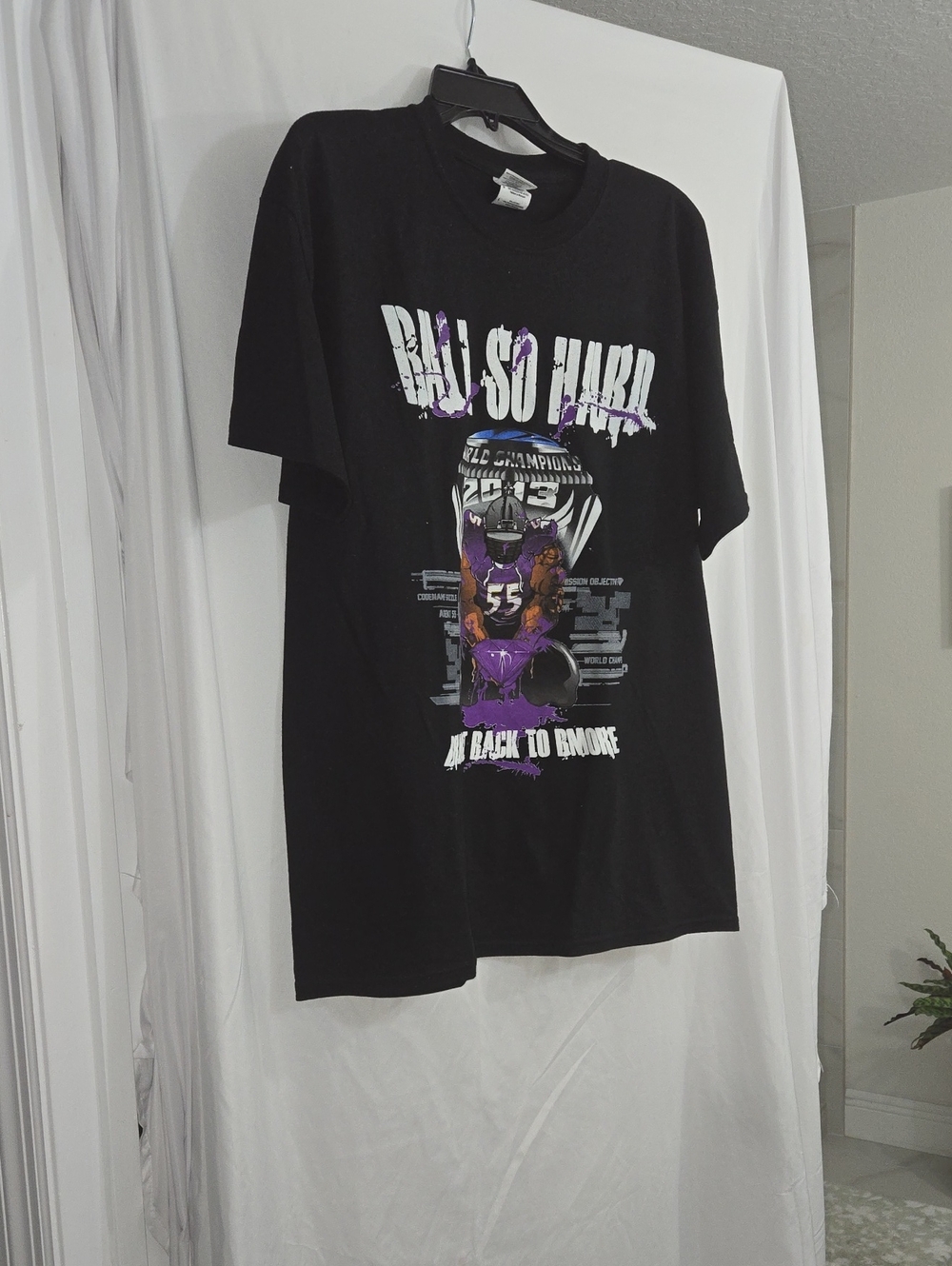 Gildan Black Men’s Short Sleeve Tee with Purple & White Graphic